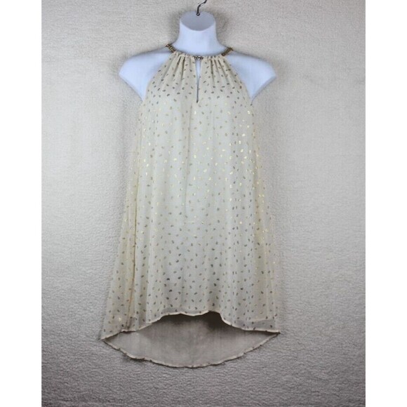 Michael Kors Size XS Beige Gold Print Hi Low Halter Dress Chain Collar - Picture 2 of 13